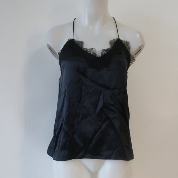 Womens Cami NYC Black Pure Silk Satin Lace Trim Spaghetti Strap Camisole Top S - Picture 1 of 7